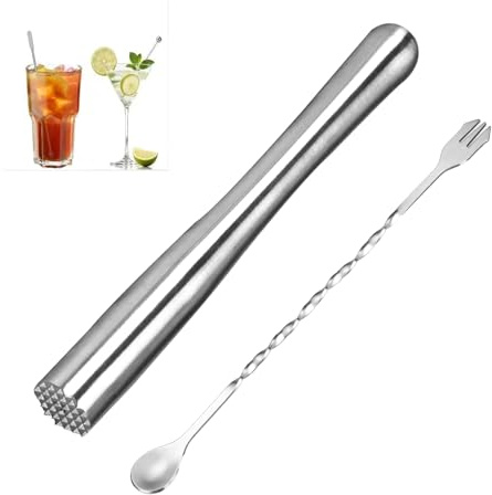 Shwdsy Pestle de Cóctel, Acero Inoxidable Muddler de Cóctel, 9 Pulgadas de Largo Profesional Muddler, Color Plateado, con Cuchara Mezcladora de Doble Punta, Ideal para Bares, Cocinas y Restaurantes
