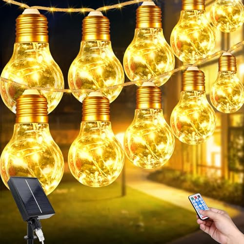TIANHOO 5 m girlangslampor utomhus soldriven, 10 LED-lampor krosssäkra glödlampor utomhus ljusslingor, 149 lysdioder 8 lägen trädgård ljusslinga vattentät för uteplats gård juldekoration (10 lampor)