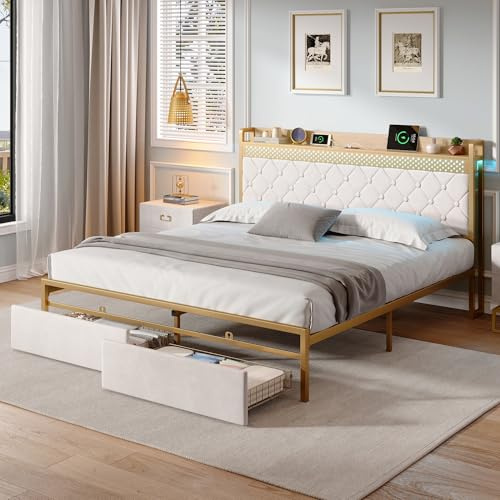 ANIROY 4ft6 Double Bed Frame, Velvet Bed Frame with 2 Storage Drawers & Headboard, Youth Bed with Chrome Decoration & LED & Charging Station, No Box Spring Needed, No Mattress, Beige