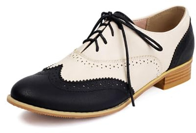 Genérico Zapatos Oxford Brogues para Mujer con Cordones Punta Afilada Tacón Bajo Detalles Perforados Empeine Liso Zapatos Elegantes Cómodos para Moda Y Fiesta,Negro,43 EU