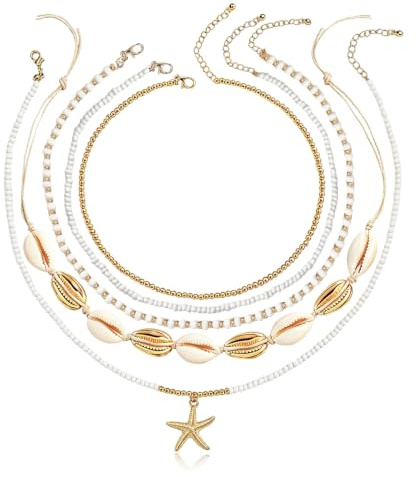 KATELUO Set di Collana Conchiglie Donna, 5 Pezzi Collane Estive Donna, Collane Conchiglie, Spiaggia Collana Stella Marina, Boho Collana Perle, Ciondolo Collane Multistrato, Boho Gioielli da Spiaggia