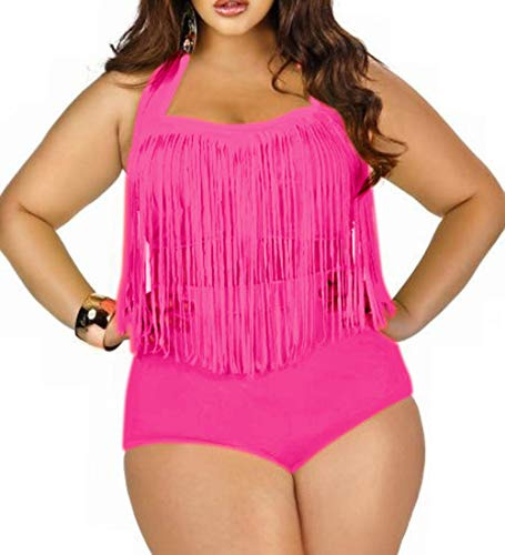 Women Plus Size Swimsuit Sets High Waist Fringe Swimwear Beachwear Solid Color Split Two Piece Swimsuit (Rose Red, XL)