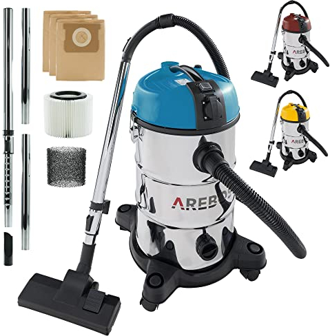 Arebos Aspiradora Industrial 5IN1 | aspiradoras potentes 1300 W | Potente aspiradora de Cenizas | aspiradora en seco y húmedo | con y sin Bolsa | 30 L | soplador de Hojas | Acero Inoxidable