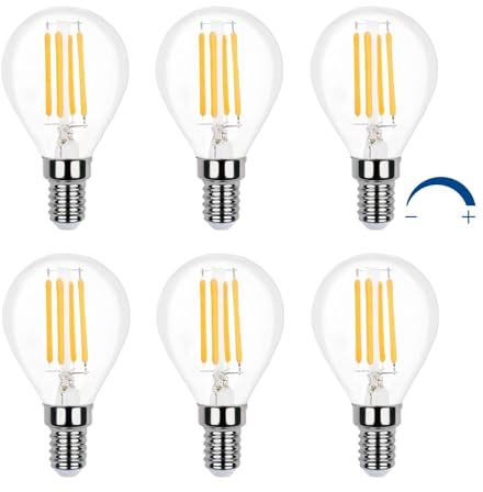 Glühbirne E14 G45 LED Tropfenform Dimmbar Warmweiß 2700K, Retro Stil, 400LM, 4W Ersetzt 40W Glühlampe, Klein E14 LED Filament Lampe P45 Warmweiss Dimmbar für Esstischlampe/Deckenlampe, 6er-Set