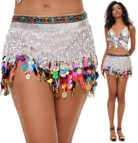 Leemiman Belly Dance Hip Scarf Sequin Tassel Skirt Wrap Sparkly Bling Sequins Coins Hip Belt Rave Performance Festival Costume for Women White