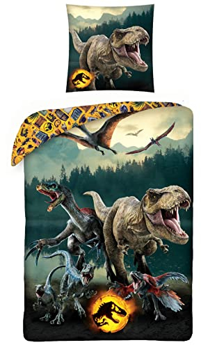 MTOnlinehandel Jurassic World Dinosaurier Kinder-Bettwäsche · 1 x Kissenbezug 80x80 + 1 x Bettbezug 135x200 cm · T-Rex Dino · 100% Baumwolle ·