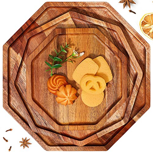 Sabary 3 Pieces Acacia Wood Serving Tray Wooden Octagon Bread Fruit Platter Large Decorative Plates Charcuterie Cheese Platter Board Vegetable Food Dish for Salad Pizza Cupcakes(12, 10, 8)