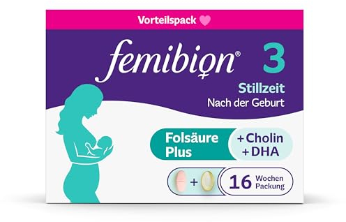 Femibion 3 Stillzeit, Tägliches Nahrungsergänzung für die Laktation, Mit Cholin, DHA, Folsäure, Metafolin, 16-Wochen-Pack, 2 x 112 Stück