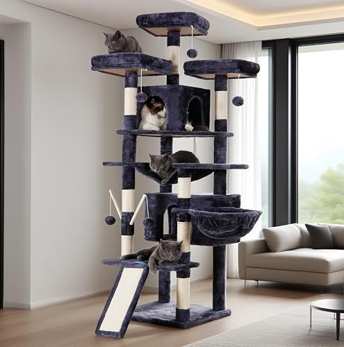 Hey-brother Kratzbaum groß, 180 cm XXL Katzenbaum, Kratzbaum Grosse Katzen Stabil mit Sisalseil, große Kratzbrett, Korb, 3 Plattform and 2 Haus, Rauchgrau EMPJ034G