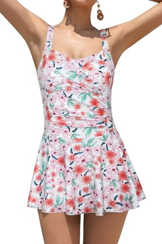SHEKINI Femme Maillot de Bain 1 Pièce avec Jupette Vintage Ruched Abdominal Contrôle Rembourré Maillots Une Pièce Robe de Plage Swimsuit