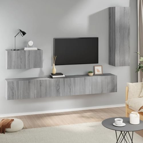Homgoday Meuble TV salon, ensemble de meubles pour TV de salon, 4 pièces Gris Sonoma en bois multicouche, table pour TV, meuble TV salon, meuble bas pour TV de salon industriel, support TV ww