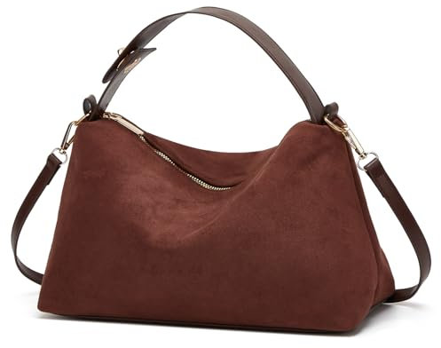 Jusavie Slouchy Wildleder-Hobo-Tasche für Damen, Halbmond-Umhängetasche, Umhängetasche, Handy-Geldbörse, trendiger Tragegriff oben, Ein Kaffee, Small