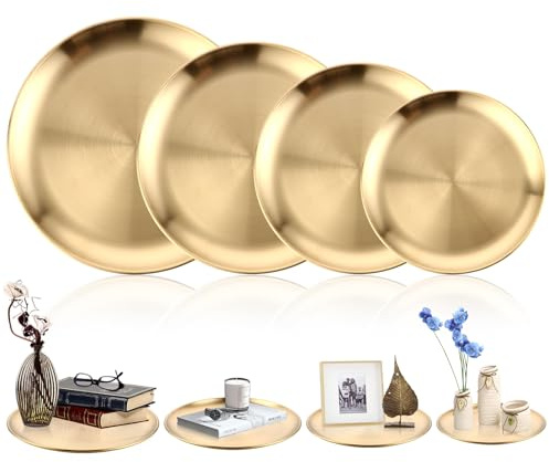 DAJAVE 4 vassoi rotondi dorati in metallo, piatti decorativi e vassoio decorativo per candele, in acciaio inox dorato (Ø 20/23/26/30 cm, oro)