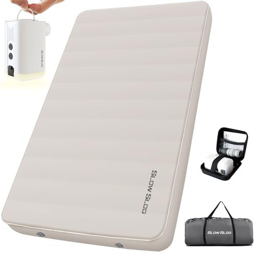 Slow Slog Self-Inflating Sleeping Pad with Portable Electric Air Pump, 4in Double Foam Camping Mattress 2 Person for Tent Cot & Car Travel, Fast Inflate & Deflate Camping Pad, Cream