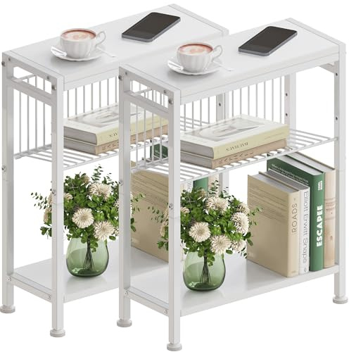 Vantimo Table d'appoint Canapé étroite Chevet Table Basse Fine avec Support Petit Meuble Central pour Magazines Salon Chambre Cuisine Balco Bureau avec 3 étagères (2, Blanc)