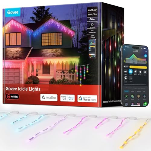 Govee Luces de Carámbano Navidad, RGBIC Luces Exterior 10M, 400 LEDs Guirnalda Luces Inteligentes con 78+ Modos para Decoración de Hogar, IP67 Impermeable, Compatibles con Alexa y Google Assistant