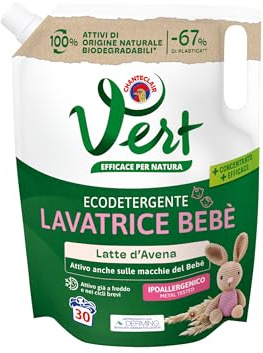Vert - Ecodetergente Lavatrice Bebè - Fragranza Latte d'Avena, 100% Origine Naturale, Superefficace anche sulle Macchie del Bebé, Ipoallergenico, per Pelli Sensibili - Flacone da 1200 ml, 30 Lavaggi