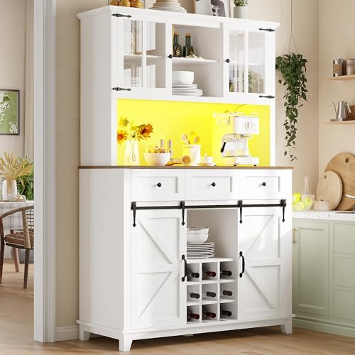 Laxnb Aparador Cocina con luz LED Aparadores Salon con Almacenaje, 105x38x180cm Aparador Entrada, Armario Alto Cocina Buffet Comoda Vitrina Mueble Auxiliar de Comedor, Muebles de Salon, Blanco
