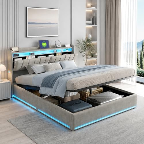 BSMGSGN Letto Matrimoniale con Contenitore 160x200 cm, Letto Imbottito con Sistema di Sollevamento a Gas e LED, Testiera con Funzione di Stoccaggio, Velluto Grigio (Grigio-B, 160x200 cm)