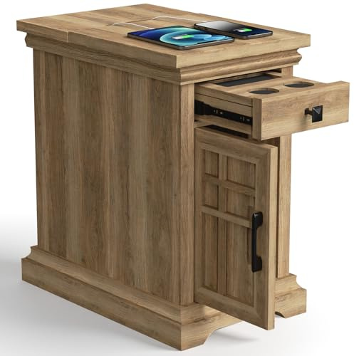 ACIPENSER Farmhouse End Table with Charging Station, Rustic Wooden Nightstand with USB Ports and Outlets, Storage Drawer and Cabinet, Narrow Side Table for Living Room, Natural