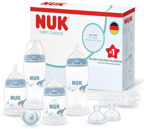 NUK First Choice Perfect Start Set de Biberons Nouveau-Né | 0-6 Mois | 4 Biberons Anti-Coliques (150 ml, 300 ml), 2 Tétines, 1 Sucette First Choice, 1 Goupillon | Baleine | Lot de 8