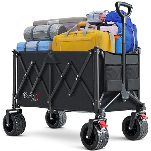 COMLAX FIELD Fällbar strandvagn 200 l 200 kg med breda hjul - Fällbar strandvagn med bromsar - Svart