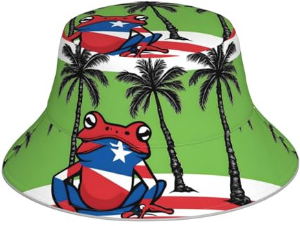WHJSSF Chapeau cloche réfléchissant avec drapeau de Porto Rico, grenouille, palmiers, pour homme et femme, pour voyage, camping, activités de plein air, noir
