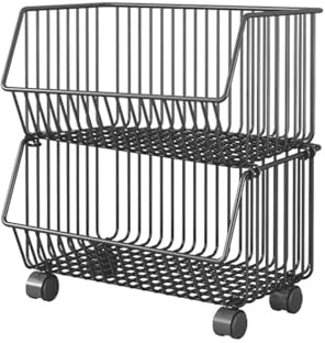 OEBUAFI Carro Rodante de Cocina Versátil, Estante de Almacenamiento de Alambre de Metal, Gran Capacidad, 2 Niveles Negros para Especias y Verduras, Cesta de Drenaje Extraíble (2 Niveles)