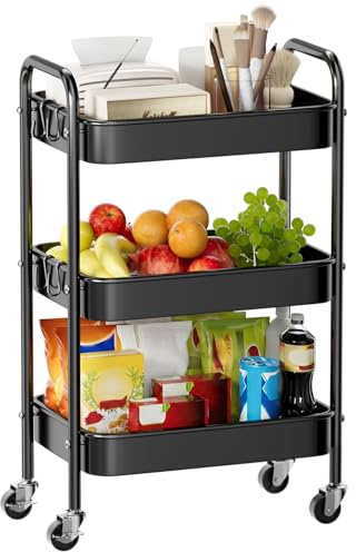 Abiglifty 3 Tier Metal Trolley, Kitchen Trolley on Wheels with Handle | Black Kitchen Trolley for Space-Saving, Rolling Utility Storage Cart Bathroom, Office, Bedroom and Mobile Shelving Organize