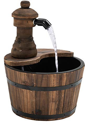 Outsunny Fontaine de Jardin tonneau Pompe à Eau Submersible Incluse Ø 27 x 37H cm Bois de pin Marron