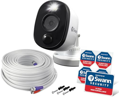 Swann Add-On DVR Bullet Security Camera System with Sensor Spotlight, 1080p Full HD Video, Indoor or Outdoor Design, Dusk to Dawn Color Night Vision Plus True Detect™ Heat and Motion Detection