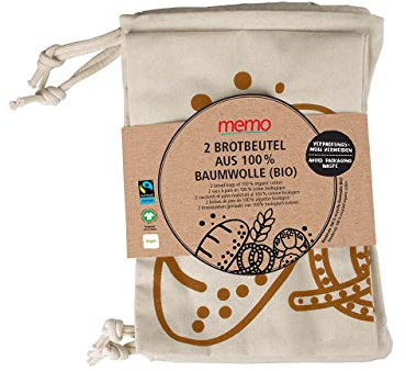 Memo Brotbeutel 2er Pack aus Bio-Baumwolle, atmungsaktiv, mehrfach waschbar, wiederverschließbar, GOTS- und Fairtrade-zertifiziert, 35 x 40 cm