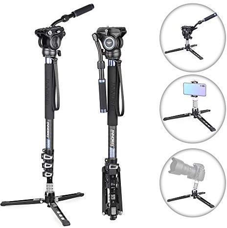 Monopod, INNOREL VM70CK Trípode Monopod 182cm para Video Profesional Cámara Telescópica de Fibra de Carbono liviano Monopod con Cabezal de Fluido y Base de Trípode de 3 Patas, Cargue hasta 6kg