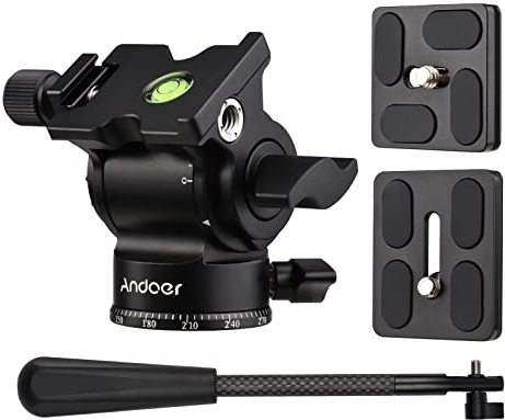 Andoer Compact Camera Video Fluid Head Pan Tilt Tripod Head Panorama Ballhead Tripod Mount Aluminum Alloy 1/4 Inch Screw 10kg/22lbs Load Capacity with Detachable Handle 2pcs Quick Release Plate