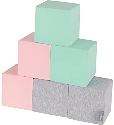 KiddyMoon Mjuka skumkuber byggstenar 14 cm för barn multifunktionell skumkonstruktion Montessori leksak för spädbarn, tillverkad i EU, 6 stycken, kuber: ljusgrå-rosa-mint