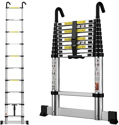 Telescopic Ladder 2.9M / 9.5FT Aluminium Extension Loft Ladder with Stabilizer Bar & Detachable Hooks, Multi Purpose Extendable Portable Folding Ladders, 10 Steps, EN131, Aluminium