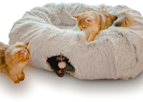 XxingSheep Extra Large Cat Tunnel Bed for Indoor Cats Peekaboo Cat Cave Donut with Center Mat