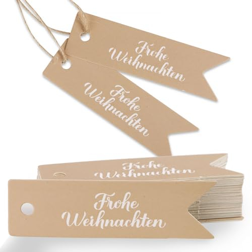 COLOFALLA 50pcs Geschenkanhänger Weihnachten Kraftpapier Tags mit 10m Hanfseil Karton Geschenkanhänger Papier Anhänger Label Frohe Weihnachten Merry Christmas mit Schnur zum Weihnachtsdekoration