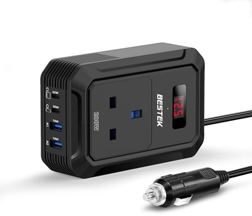 BESTEK 200W Power Inverter 12V to 240V 230V Car Converter with 3-Pin Socket 2 USB-C (65W&30W) 2 USB-QC(18W) Car Cigarette Adapter Fast Charger LCD Screen for Vehicles Road Trip Laptop & More(Black)