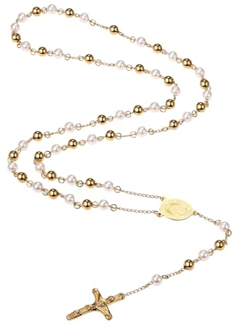 Flongo Perlen Rosenkranz Kette Maria: Kreuz Jungfrau heilige Mary Halskette gold mit weiße Perlen mutter gottes Anhänger Oval medaille plättchen Jesus Gott Kruzifix Taufe Geschenk für Damen Herren