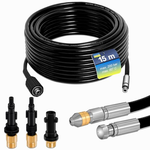 Gekufa Tuyau Nettoyeur Haute Pression 15m 400 bar, Compatible avec Furet Karcher K2 K3 K4 K5 K6 K7, Lavor, Bosch, Kit avec Buse Rotative, Buse Fixe et Adaptateurs en Laiton