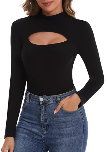 SHAPERIN Femme Pull Col Roulé Cutout T-Shirt Manches Longues Décontracté Hauts Tops Coupe Ajustée Chemise Noir 1# S