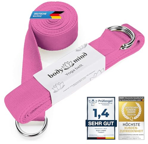 Body & Mind® Yoga strap made of 100% natural cotton - 250 cm long; Yoga belt with D-ring fastener for beginners & advanced; Pilates, yoga & fitness exercises (Rose quartz)