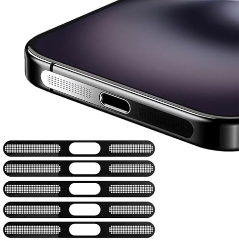 BelleVive 5-pack dammtäta nätklistermärken för iPhone 16 Pro/16 Pro Max, integrerat skydd för laddningsport och högtalare, anti-damm, metall hörsnäcka högtalarnät
