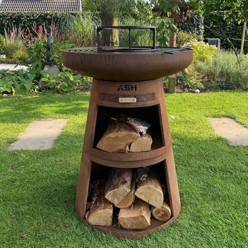 Plancha - BBQ - Grill - Brasero - Acier Corten - Couleur rouille - Plaque de cuisson - Extérieur - Plancha - Anneau de barbecue - Cheminée de jardin - Barbecue - Rangement du bois - Aspect luxueux