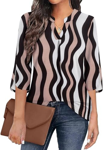 Flikity Womens Blouses and Tops Dressy 3/4 Sleeve Business Casual Tops Office Work Wear Dress Shirts Professional Attire Clothes V Neck Tunics Interview Ladies Blouses Pink Wave Large