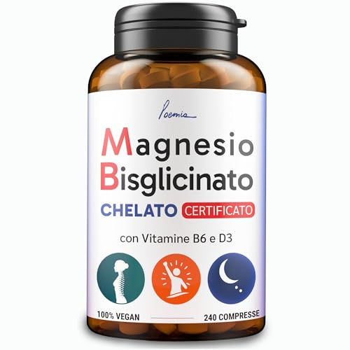 Magnesio Bisglicinato Puro 300mg per Dose | 240 CPR | Forma Chelata Certificata | Con Vitamina B6 e D3 | Magnesio Glicinato Puro per Muscoli Ossa Stanchezza Fisica e Stress Poemia