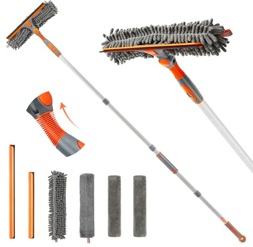 Eazer Squeegee Window Cleaner Tool, 2 in 1 Rotatable Window Cleaning Squeegee Kit with Extension Pole, 62'' Window Washing Kit, Bendable Head for Car Glass - 2 Scraper