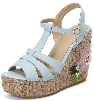 Qynthra Sandalias de Esparto de Cuña Mujer Tira T Plataforma Tacones Acentos Florales Trenzados para Vacaciones en la Playa y Reuniones al Aire Libre,Azul,34 EU