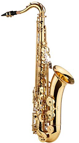 Saxofón tenor, cuerpo de latón, instrumento de viento de madera lacado dorado con estuche de transporte, guantes, paño de limpieza, cepillo y correas para el cuello